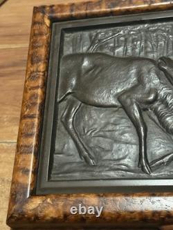 Vintage Hand-Carved Wood Box with Raised Bronze-Style Elk Fighting Scene