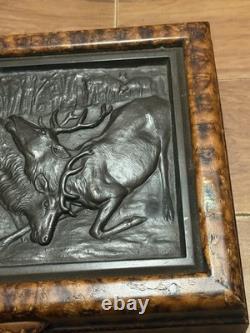 Vintage Hand-Carved Wood Box with Raised Bronze-Style Elk Fighting Scene