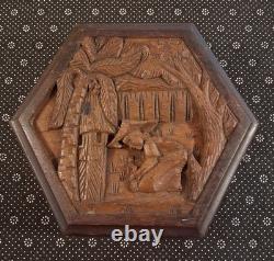 Vintage Hand Carved Wooden Jewelry Box Mahogany Planting Rice Asian Hexagon