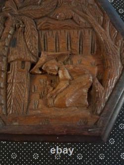 Vintage Hand Carved Wooden Jewelry Box Mahogany Planting Rice Asian Hexagon