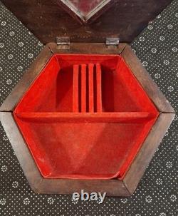 Vintage Hand Carved Wooden Jewelry Box Mahogany Planting Rice Asian Hexagon