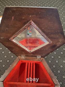 Vintage Hand Carved Wooden Jewelry Box Mahogany Planting Rice Asian Hexagon