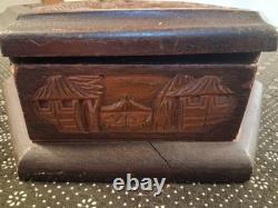 Vintage Hand Carved Wooden Jewelry Box Mahogany Planting Rice Asian Hexagon