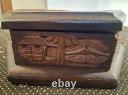 Vintage Hand Carved Wooden Jewelry Box Mahogany Planting Rice Asian Hexagon