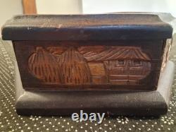 Vintage Hand Carved Wooden Jewelry Box Mahogany Planting Rice Asian Hexagon
