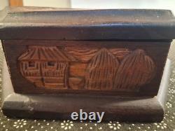 Vintage Hand Carved Wooden Jewelry Box Mahogany Planting Rice Asian Hexagon