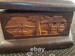 Vintage Hand Carved Wooden Jewelry Box Mahogany Planting Rice Asian Hexagon