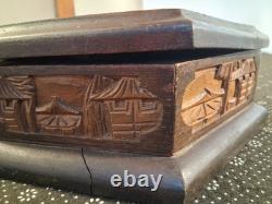 Vintage Hand Carved Wooden Jewelry Box Mahogany Planting Rice Asian Hexagon