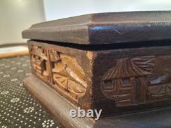 Vintage Hand Carved Wooden Jewelry Box Mahogany Planting Rice Asian Hexagon