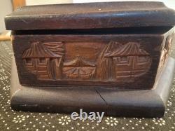 Vintage Hand Carved Wooden Jewelry Box Mahogany Planting Rice Asian Hexagon