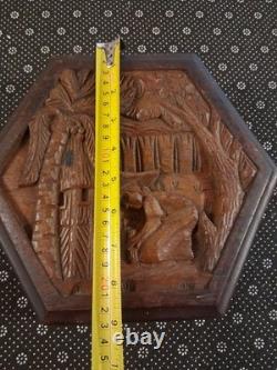 Vintage Hand Carved Wooden Jewelry Box Mahogany Planting Rice Asian Hexagon