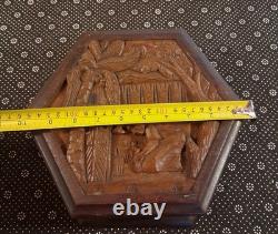 Vintage Hand Carved Wooden Jewelry Box Mahogany Planting Rice Asian Hexagon