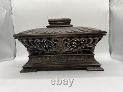 Vintage Hand Carved Wooden Lacquered Storage Box/ Decorative Heavy 12.5x7x9