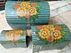 Vintage Hand Made Wooden Floral Hand Painted Half Round Storage Box Set Of 3 Vintage Hand Made Wooden Floral Hand Painted Half Round Storage Box Set Of 3
