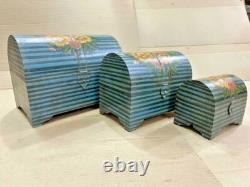 Vintage Hand Made Wooden Floral Hand Painted Half Round Storage Box Set Of 3