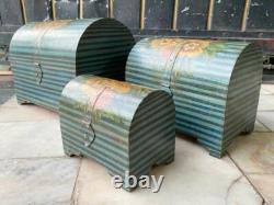 Vintage Hand Made Wooden Floral Hand Painted Half Round Storage Box Set Of 3