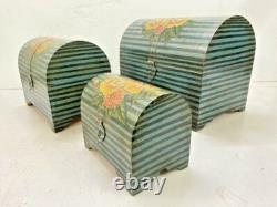Vintage Hand Made Wooden Floral Hand Painted Half Round Storage Box Set Of 3