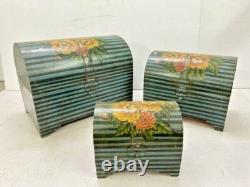 Vintage Hand Made Wooden Floral Hand Painted Half Round Storage Box Set Of 3