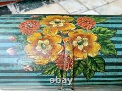 Vintage Hand Made Wooden Floral Hand Painted Half Round Storage Box Set Of 3