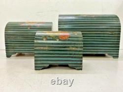 Vintage Hand Made Wooden Floral Hand Painted Half Round Storage Box Set Of 3