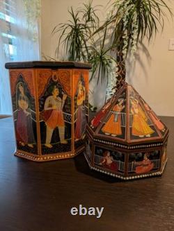 Vintage Hand-Painted Indian Octagonal & Hexagonal Wood Box Set Rajasthani Art