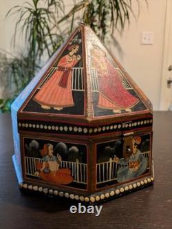 Vintage Hand-Painted Indian Octagonal & Hexagonal Wood Box Set Rajasthani Art