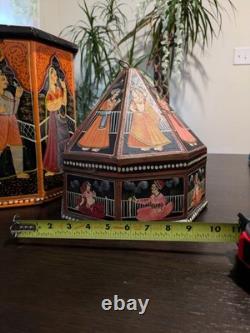 Vintage Hand-Painted Indian Octagonal & Hexagonal Wood Box Set Rajasthani Art