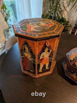 Vintage Hand-Painted Indian Octagonal & Hexagonal Wood Box Set Rajasthani Art