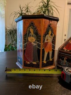 Vintage Hand-Painted Indian Octagonal & Hexagonal Wood Box Set Rajasthani Art
