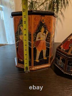 Vintage Hand-Painted Indian Octagonal & Hexagonal Wood Box Set Rajasthani Art
