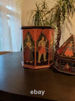 Vintage Hand-Painted Indian Octagonal & Hexagonal Wood Box Set Rajasthani Art