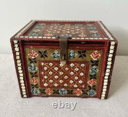 Vintage Hand Painted Indian Red Ground Wood Jewelry Chest Curio Trinket Box