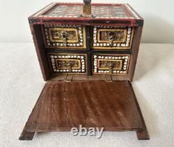 Vintage Hand Painted Indian Red Ground Wood Jewelry Chest Curio Trinket Box
