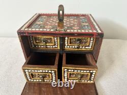 Vintage Hand Painted Indian Red Ground Wood Jewelry Chest Curio Trinket Box