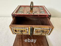 Vintage Hand Painted Indian Red Ground Wood Jewelry Chest Curio Trinket Box
