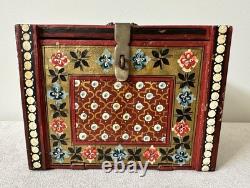 Vintage Hand Painted Indian Red Ground Wood Jewelry Chest Curio Trinket Box