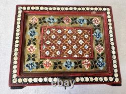 Vintage Hand Painted Indian Red Ground Wood Jewelry Chest Curio Trinket Box