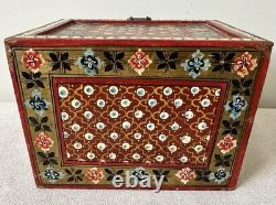 Vintage Hand Painted Indian Red Ground Wood Jewelry Chest Curio Trinket Box