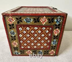 Vintage Hand Painted Indian Red Ground Wood Jewelry Chest Curio Trinket Box