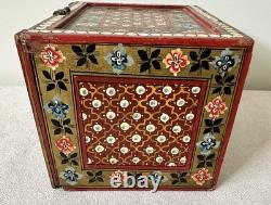 Vintage Hand Painted Indian Red Ground Wood Jewelry Chest Curio Trinket Box