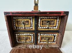 Vintage Hand Painted Indian Red Ground Wood Jewelry Chest Curio Trinket Box