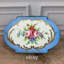Vintage Hand Painted Made in France Porcelain Trinket Box Blue Floral Gold