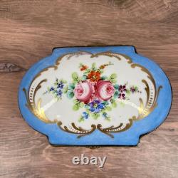 Vintage Hand Painted Made in France Porcelain Trinket Box Blue Floral Gold