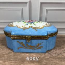 Vintage Hand Painted Made in France Porcelain Trinket Box Blue Floral Gold