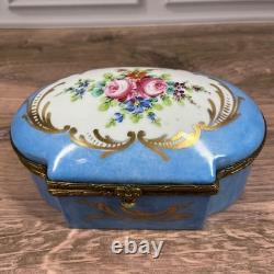 Vintage Hand Painted Made in France Porcelain Trinket Box Blue Floral Gold