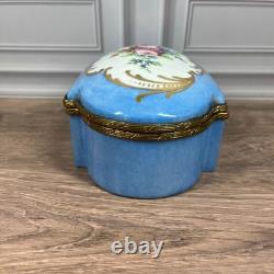 Vintage Hand Painted Made in France Porcelain Trinket Box Blue Floral Gold