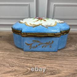 Vintage Hand Painted Made in France Porcelain Trinket Box Blue Floral Gold