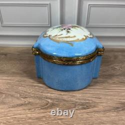 Vintage Hand Painted Made in France Porcelain Trinket Box Blue Floral Gold