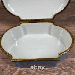 Vintage Hand Painted Made in France Porcelain Trinket Box Blue Floral Gold