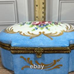 Vintage Hand Painted Made in France Porcelain Trinket Box Blue Floral Gold